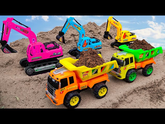 Cranes, excavators, concrete mixer trucks to build lego bridges for dump trucks
