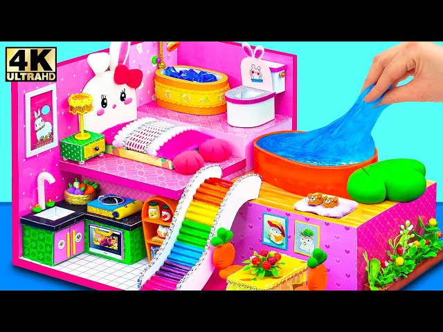 Make Pink Rabbit House with Rainbow Elevator and Carrot Slime Pool for Two | DIY Miniature House