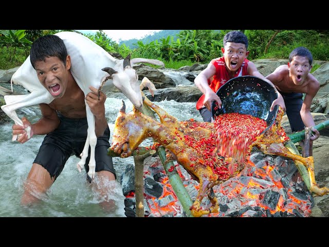 Cooking in jungle, meet the goat at waterfall | Primitive technology