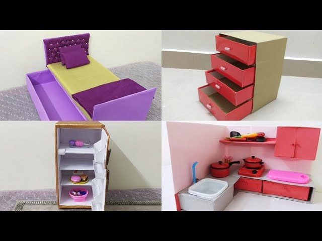 DIY Miniatures/Barbie dollhouse things/How to make Barbie dollhouse furniture/Bed,Fridge,Kitchen etc