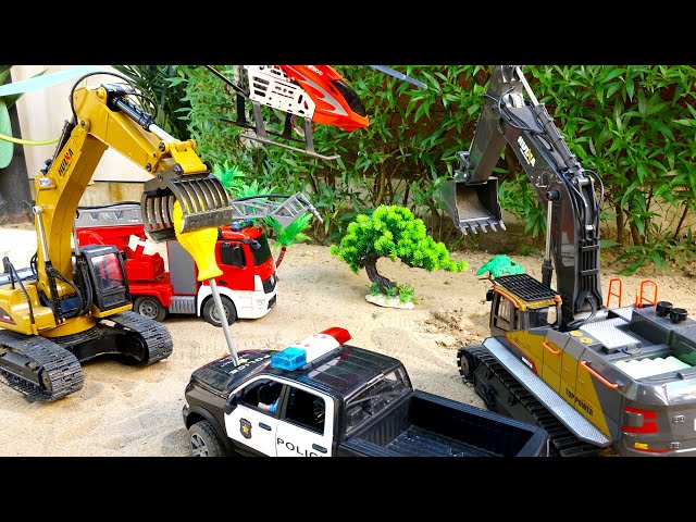 Fire Truck & Helicopter Rescue Excavator Truck with Police Car Toy Play