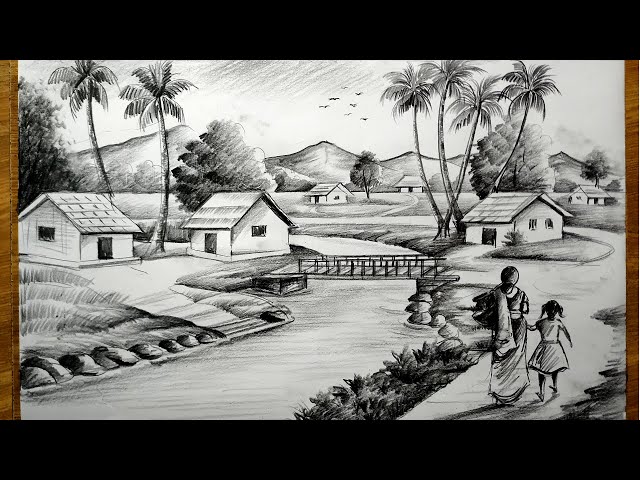 how to draw easy pencil sketch scenery,landscape pahar and river side scenery drawing,pencil drawing