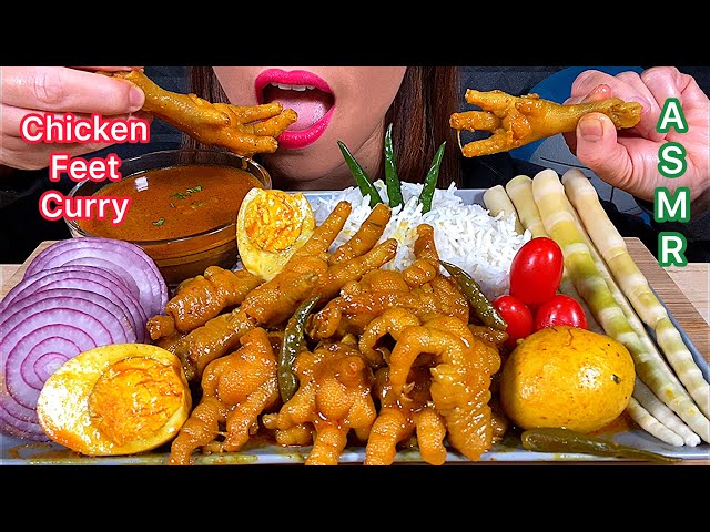 EATING CHICKEN FEET CURRY, EGGS CURRY, BAMBOO SHOOT, HOT CHILLI & RICE ASMR Sounds