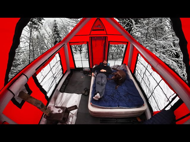 Winter Camping In Inflatable Cabin | Snow Storm + Bear Tenderloins