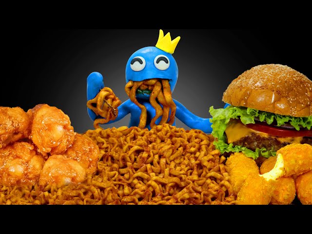 ASMR Mukbang | Spicy Ramyun, Fried Chicken, Burger - Rainbow Friends Animation Stop Motion