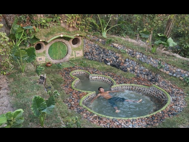 Building A Beautiful Swimming Pool & Secret House Underground Using Bamboo