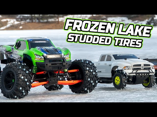 Xmaxx 8S and Slash 4S on Frozen Lake with Studded Tires