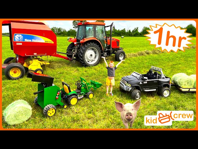 Farm compilation with kids ride on tractor, trucks, real tractors, animals. Educational | Kid Crew