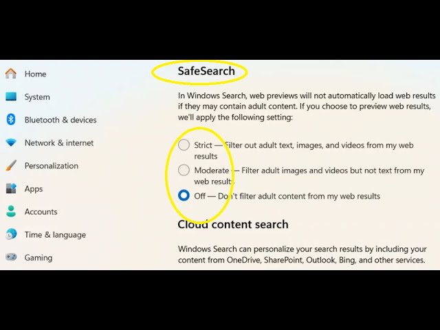 how to turn off the Safe Search in windows 11 PC