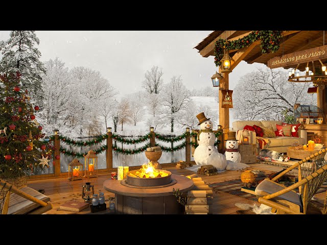 4K Winter Cozy Cabin in Mountains at Coffee Shop Ambience ☕ Smooth Jazz Music to Relax/Study/Work to