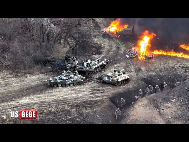 Horrifying Moment! Ukrainian FPV drones wipe out entire Russian tank column near Avdiivka
