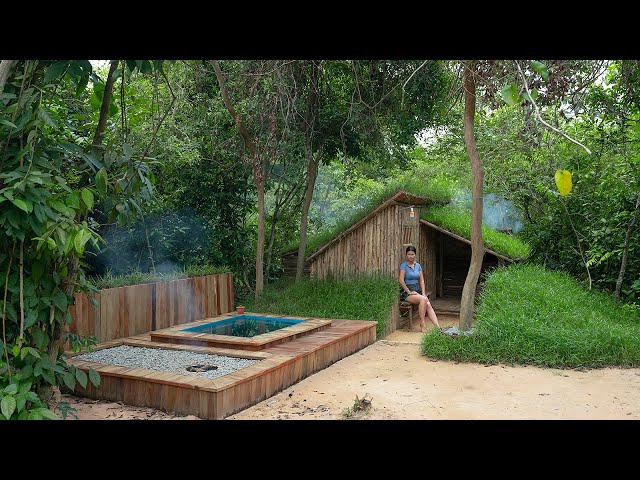 90 Day Alone | Building Log Cabin with Grass Roof And a Swimming Pool