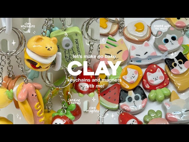how i make clay keychains and magnets 🌭🍔🍓 using air dry clay / no bake