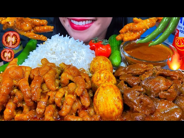 ASMR SPICY CHICKEN FEET CURRY, CHICKEN LIVER & GIZZARD CURRY, EGG CURRY, RICE MASSIVE Eating Sounds