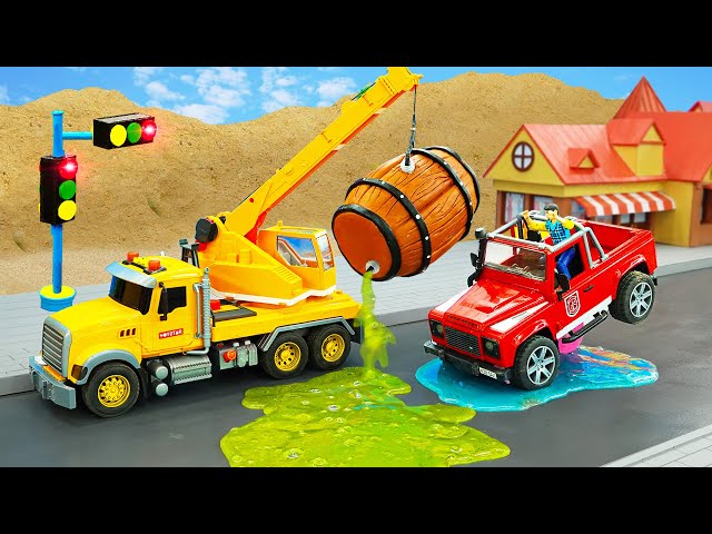 Dinosaurs rescue sports cars, cranes, and cargo trucks from oil and super glue