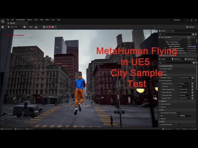 New  MetaHuman Flying in UE5 City Sample Test (Editor view, Medium Setting)