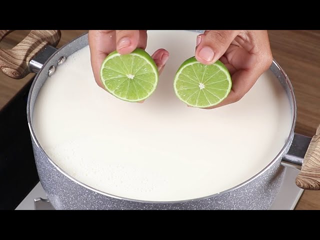 Pour the lemon into the boiling milk. Easy recipe with only 2 ingredients.