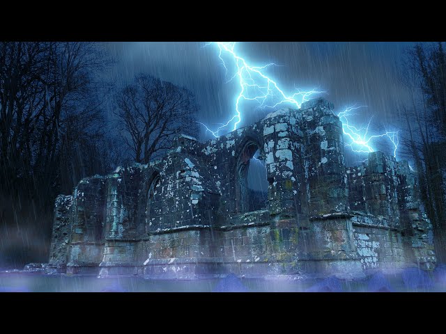 Massive Thunderstorm Sounds for Sleeping ⚡⛈⚡ Rain Noise at Medieval Abbey Dark Screen