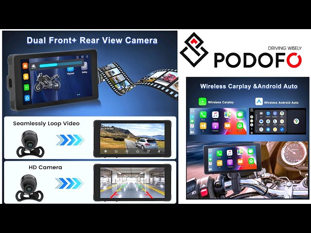 PODOFO 5.5-inch Wireless CarPlay for Motorcycle Navigator with Front & Back Camera
