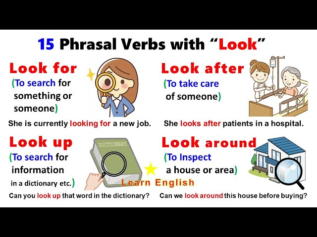 15 Phrasal Verbs with LOOK: Look after, Look at, Look for, Look up, Look forward to, Look out