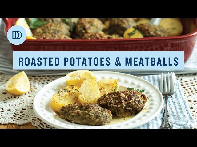 Lemony Roasted Potatoes with Meatballs: Beeftekia me Patates
