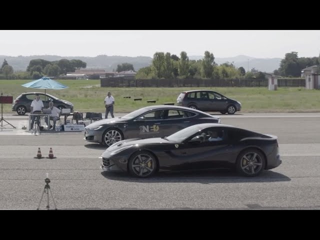 Tesla Model S P100D vs Ferrari F12 1/4 Mile Drag Race!