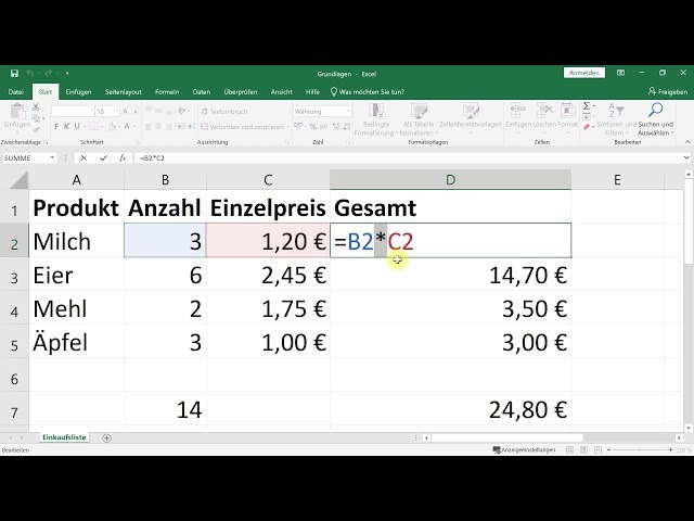 Excel Einstieg/Grundlagen: Rechnen, einfache Formeln, Summe – Excel-Tutorial