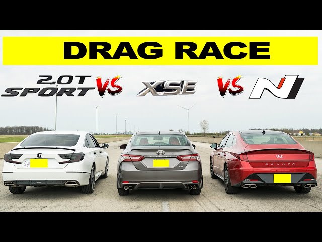 Watch 2021 Sonata N Line race Accord 2.0T vs Camry XSE V6  | Big Sedan Drag Race