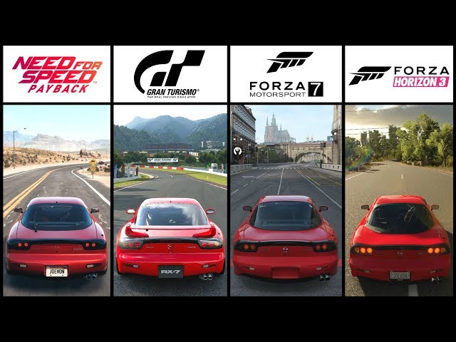 NFS PAYBACK vs GT SPORT vs FORZA 7 vs FORZA HORIZON 3 - Mazda RX7 Comparison
