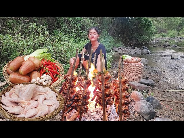 Chicken wing roast with Hot spicy chili recipe for dinner, Survival cooking in forest