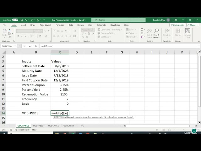 Odd Price and Yield in Excel