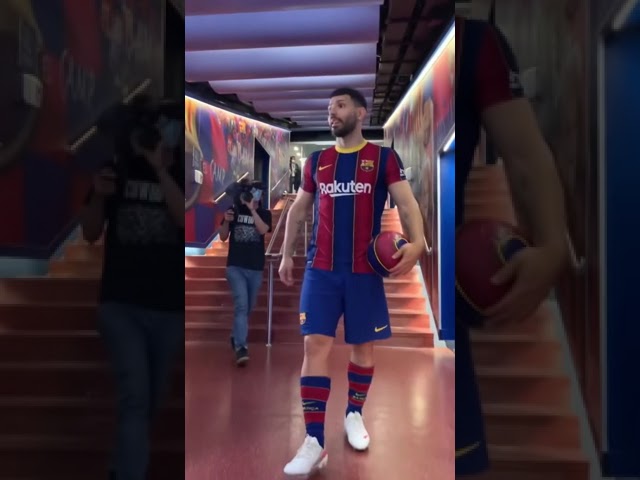 Kun Agüero walks the tunnel of Camp Nou for the first time as a Barça player
