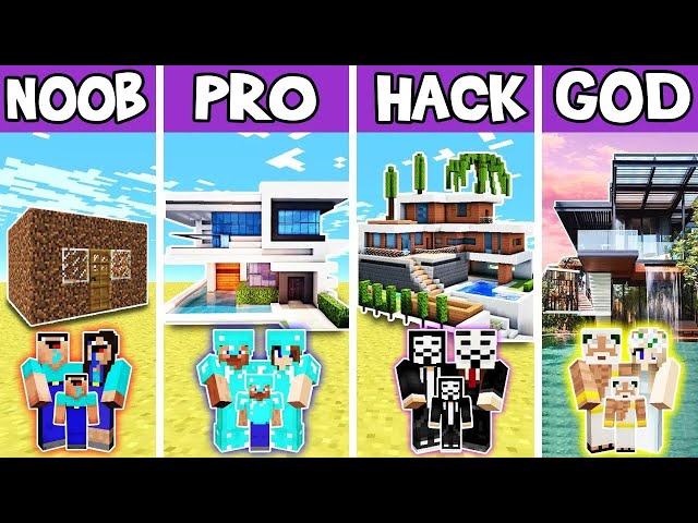 MODERN BEACH HOUSE BUILD CHALLENGE - NOOB vs PRO vs HACKER vs GOD in Minecraft