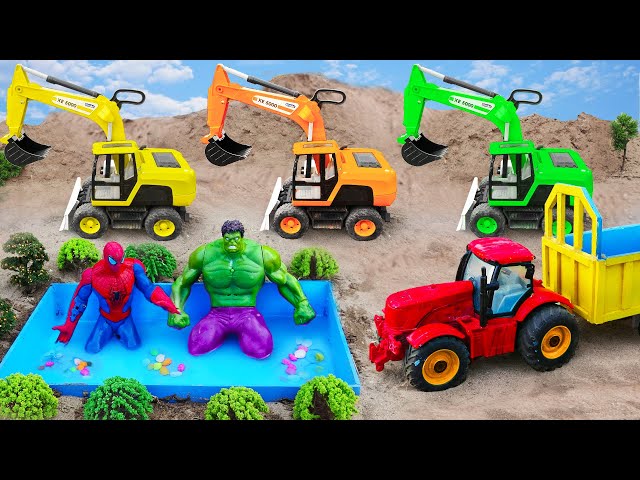 JCB Tractor toy - Superheroes RC Excavator, Fire truck, Concrete Mixer build DIY pool - Car for kids