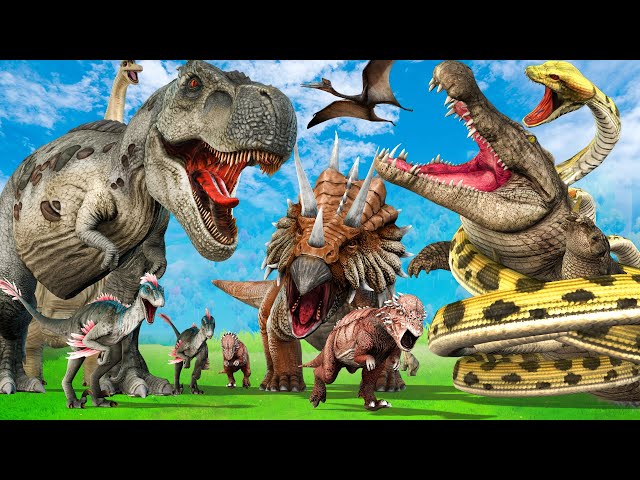 Giant Dinosaur vs Monster Snake vs Giant Crocodile Fight Prehistoric Planet Mammals Animal Revolt
