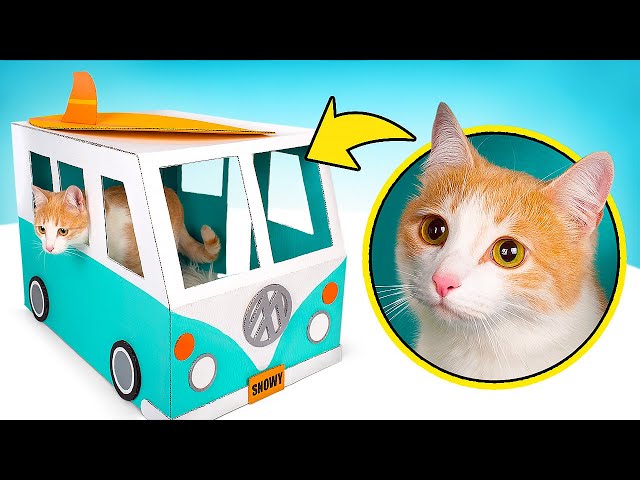 Oldtimer-Bus aus Pappe als Katzenhaus!