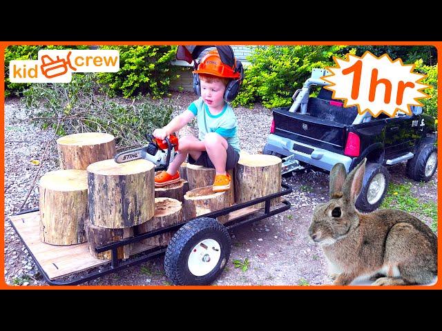 Farm work compilation with kids toy truck, tractor, chainsaw, ATV, ride on, tools | Educational