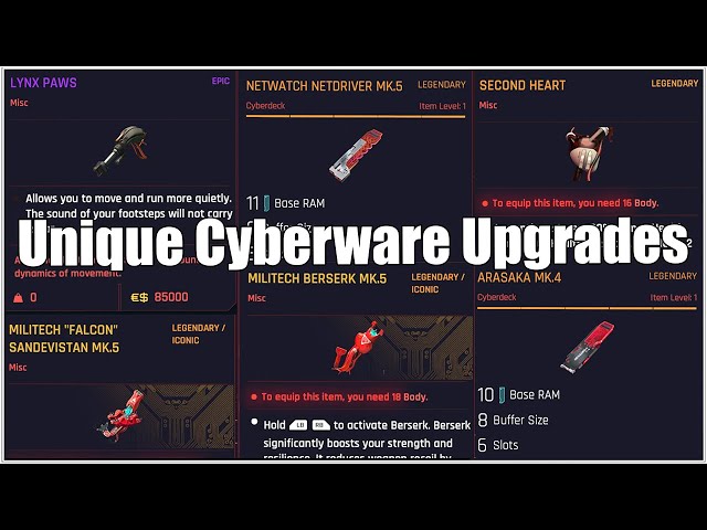 Cyberpunk 2077, Legendary and Unique Cyberware Locations (Unique Ripperdoc Items)