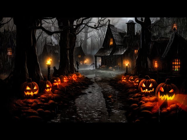 Haunted Village Haloween Ambience with Relaxing Heavy Rain & Thunderstorm Sound, Night Spooky Sound