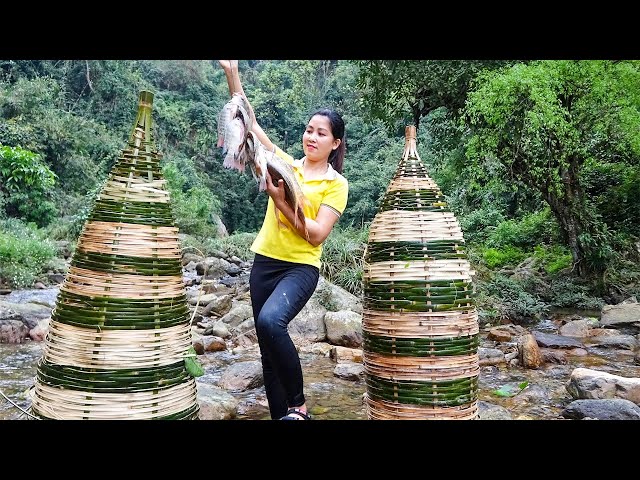 Setup Fish Trap In River Upstream | Catching Tons Of Fish In Simple Bamboo Trap | Farmer Life