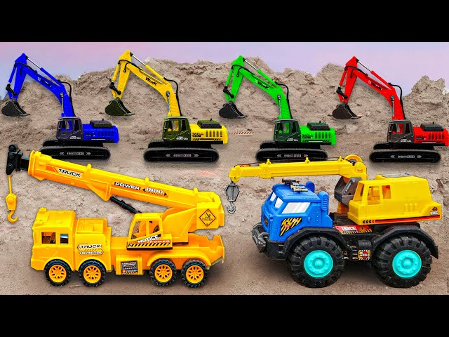 Crane truck, dump truck searching and assembling excavator