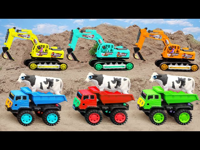 Car toy | Tractor, excavators, cranes and dump trucks unite to find the cow -  Toy for kids