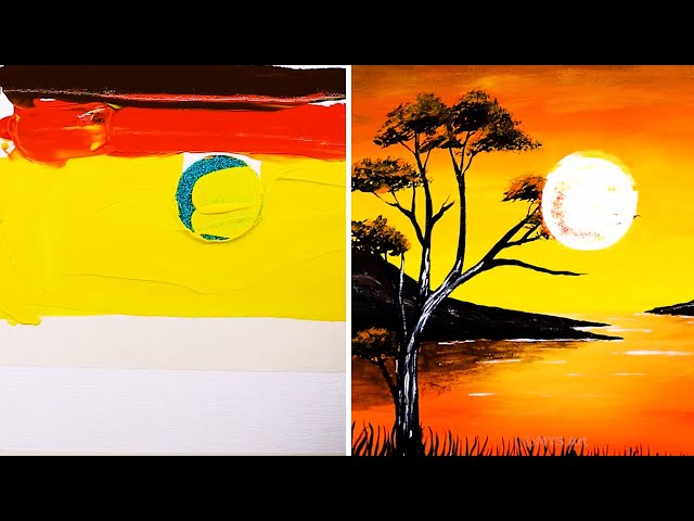 How to Paint Sun in Sunset in 3 Minutes Step by Step for beginners 😍 | Acrylic Painting Techniques