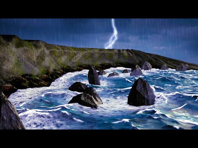 Rain + Thunder + Ocean Waves | Sleep, Study, Relax | Rainstorm White Noise 10 Hours
