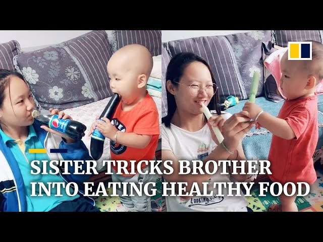 Sister tricks younger brother into eating healthy food in China