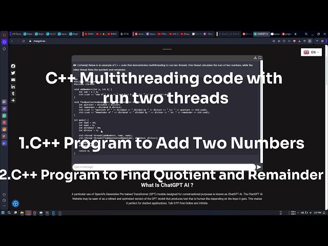 C++ Multithreading code with run two threads one thread 1.Calculate C++ Program to Add Two Numbers.