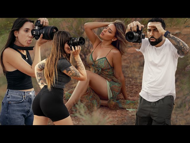 3 Amateur Youtubers taking pictures of a model in the Vegas desert