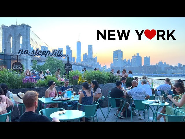 [4K]🇺🇸NYC Evening Walk🌛: Sunset🌇 at Pebble Beach Dumbo, Brooklyn, 🌉, Time Out Market 🍕🍔🍜May. 2022