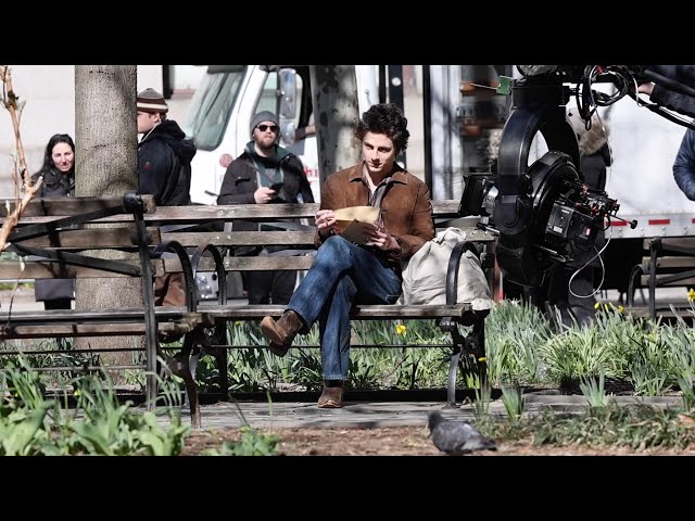 Timothée Chalamet filming Bob Dylan Movie in New York City