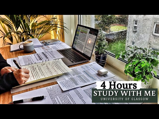 4 HOUR STUDY WITH ME | Background noise, Rain Sounds, 10-min break, No Music